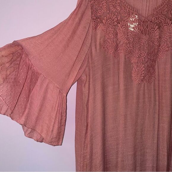 NEW J Gee 3X Boho Dress Midi Pink Eyelet Crochet Gauzy Bell Sleeve - Picture 2 of 9